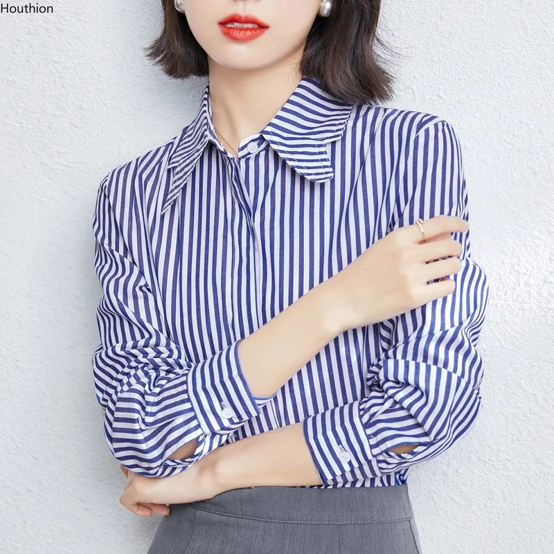 

Chiffon Women's Blouse New Casual Fashion Long Sleeve Polo Shirt Spring/autumn Stripe Buttons Top Houthion