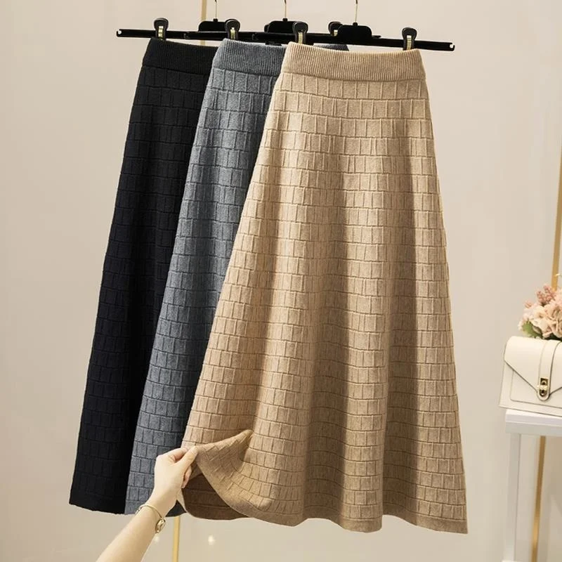 

Женская трикотажная клетчатая юбка, однотонная длинная юбка А-силуэта с высокой эластичной талией, Осень-зима 2022