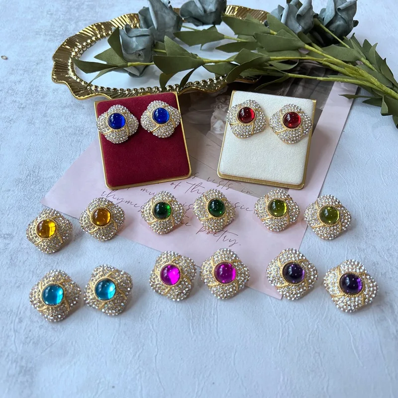 

Coloured glaze Rhine stone exquisite ancient gold plating color restoring ancient ways gemstone stud earrings accessories