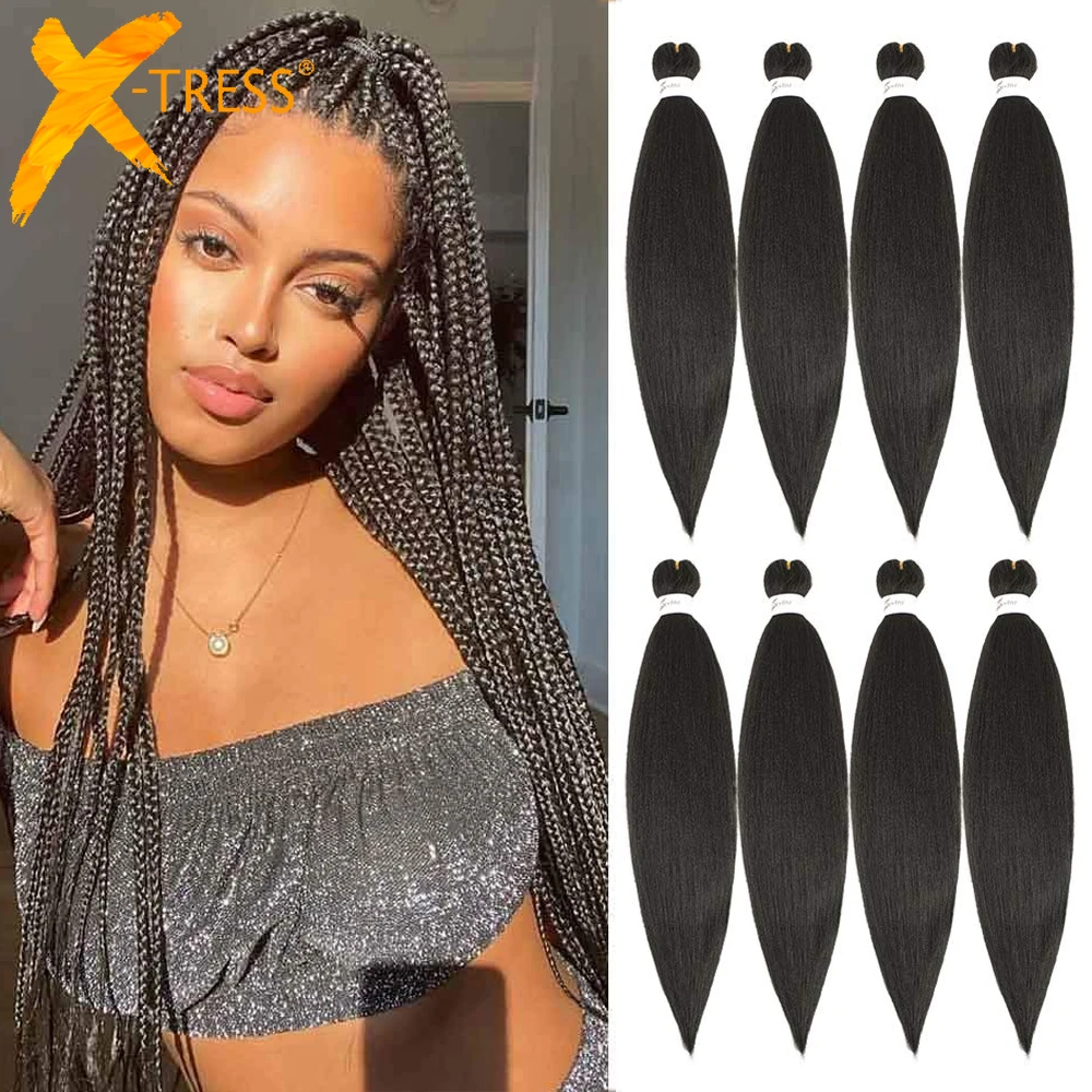 Synthetic Pre Stretched Braiding Hair Weave Yaki Straight Darker Brown Soft EZ Box Braids Bundles Hot Water Setting X-TRESS |