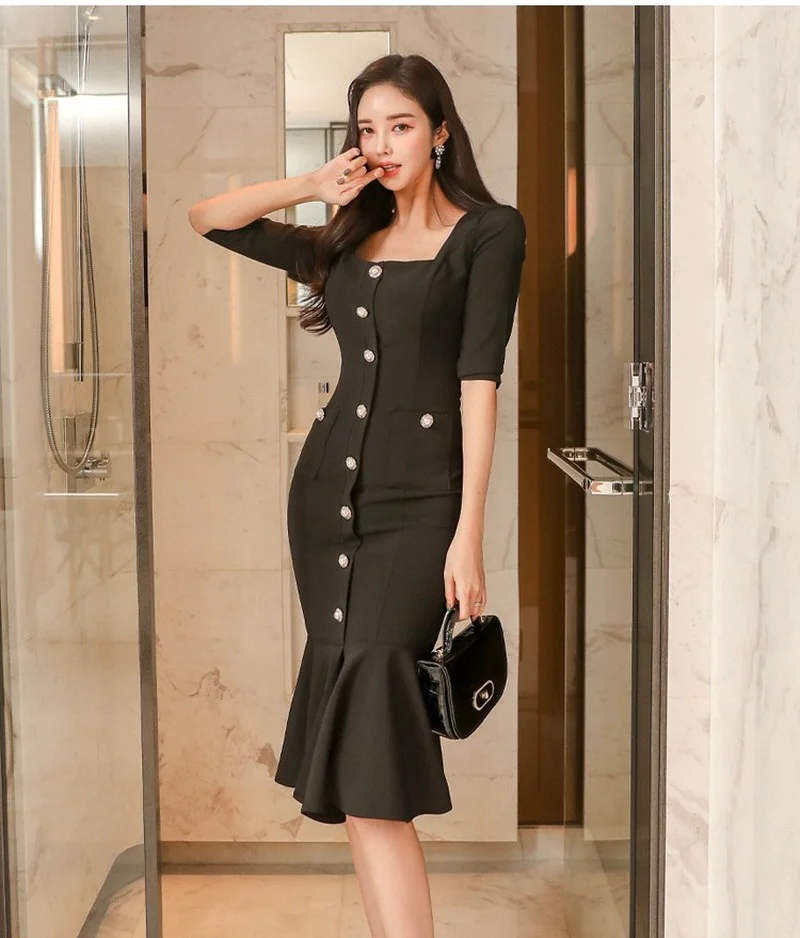 

2023 New Korean Version Fashion Temperament Commuter All-match Elegant Slim Sexy Fishtail Bag Hip Casual Dress