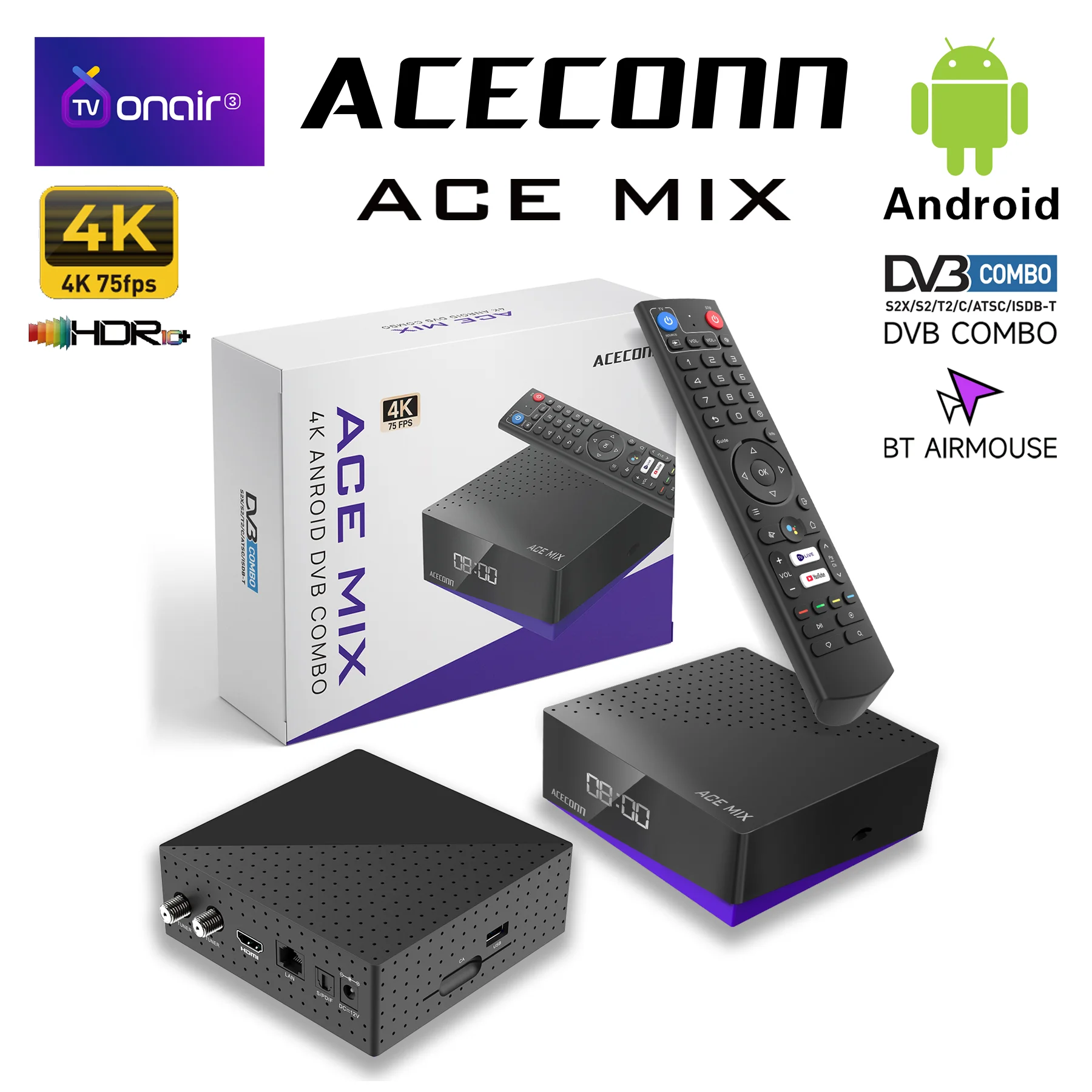 Фото Супутниковый ресивер ACECONN ACEMIX, Android iptv-коробки, 4K DVB-S2/T2/C TVONAIR3, плеер, 32 ГБ, двойной Wi-Fi, BT, пульт дистанционного управления с воздушной мышью №1