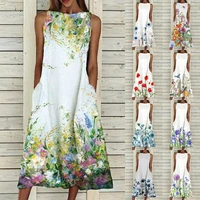 dress 2022 neck flower print summer dresses for women fashion pocket sleeveless dress female casual loose party dress