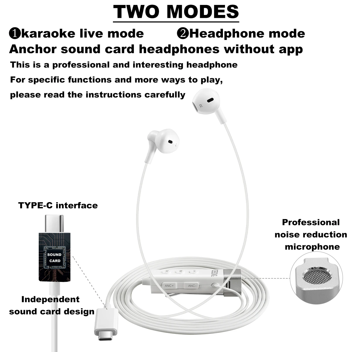 2 in 1 Wired Earbuds Type-C Interface Plug-Play With Lavalier Microphone Noise Reduction Voice Changing Live Streaming Headphone |