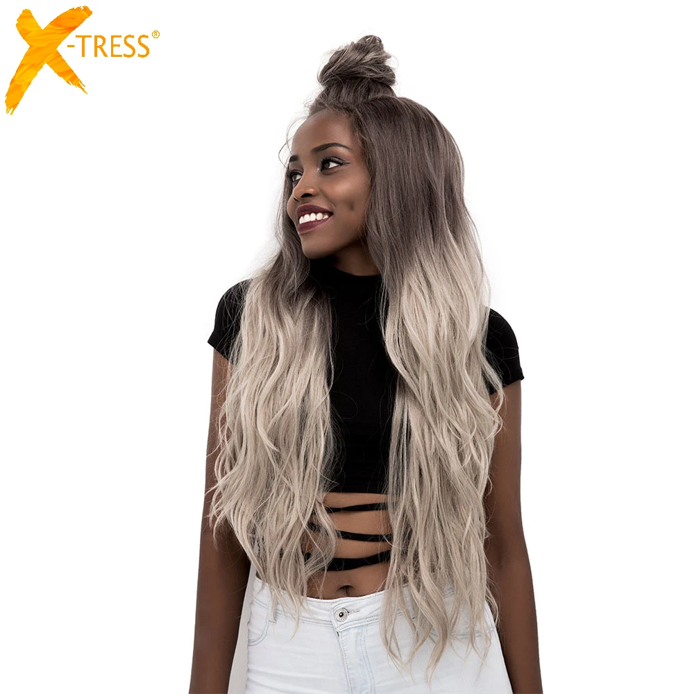 

Ombre Grey Color Moon Part Synthetic Lace Front Wigs Long Body Wave Free Part Brown Purple Women Hair Wig With Baby Hair X-TRESS