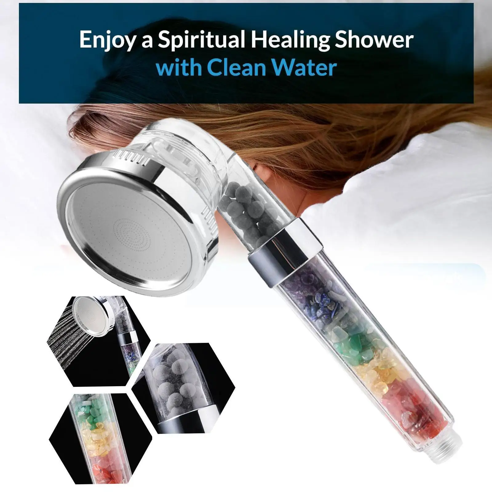 

Новая сменная насадка для душа Q6H3 из натурального семи цветов с кристаллами гравия, насадки для душа с разными фильтрами и драгоценными кам...