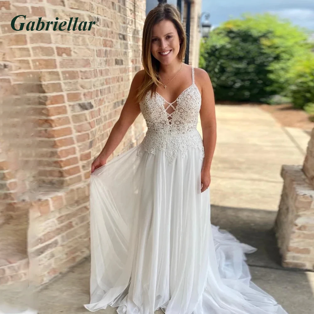 

Свадебные платья Габриэль в богемном стиле, шифоновое платье-трапеция на бретелях-спагетти с аппликацией, V-образным вырезом и открытой спиной, индивидуальный пошив, 2024