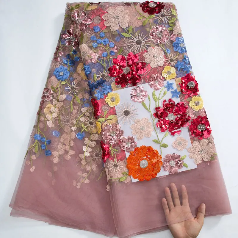 

Африканская Высококачественная кружевная ткань, французская сетчатая ткань с блестками, вышитая бисером кружевная тюль ручной работы, нигерийская Ткань 5 ярдов S3263