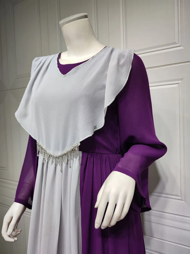 Chiffon Abaya Arabic Long Dress Women Patchwork Beaded Tassel  Lined Muslim Moroccan Kaftan Gulf Jalabiya Turkish Modest Abayas
