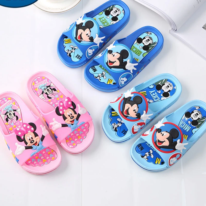 Disney Children's Slippers Summer Boys Girls Indoor Home Bathroom Non-slip Mickey Minnie Slippers Blue Pink Shoes Size 15-16cm
