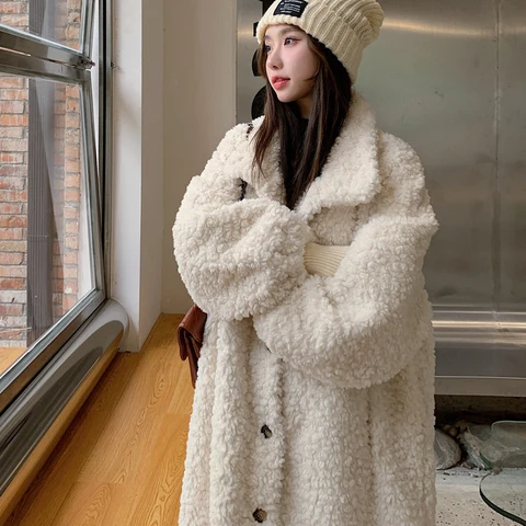 Женское теплое меховое пальто, плотное женское длинное пальто с отложным воротником, бежевые топы для женщин Casaco Feminino