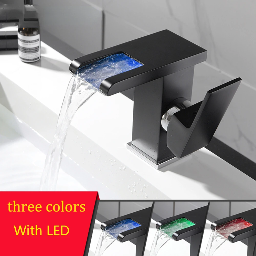 

Водопад Senlesen светодиодный, латунный Смеситель для ванной комнаты, водопад, смеситель для раковины, меняет цвет, для горячей и холодной воды