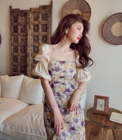 2022 new summer waist dress puff sleeves a word sweet girl elegant princess floral sundress korean version casual simple retro