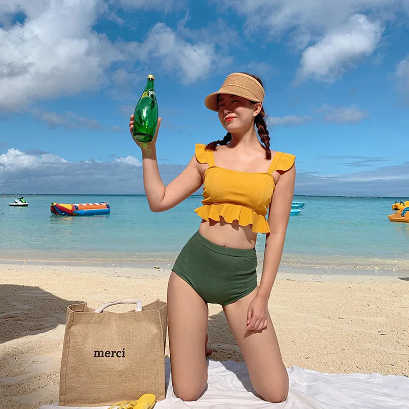 

High Waist Women's Bikini Set Padded Ruffle Biquini Suit Two Pieces Swimwear Swimsuit High Quality Beach Suit 2020 Koren Design