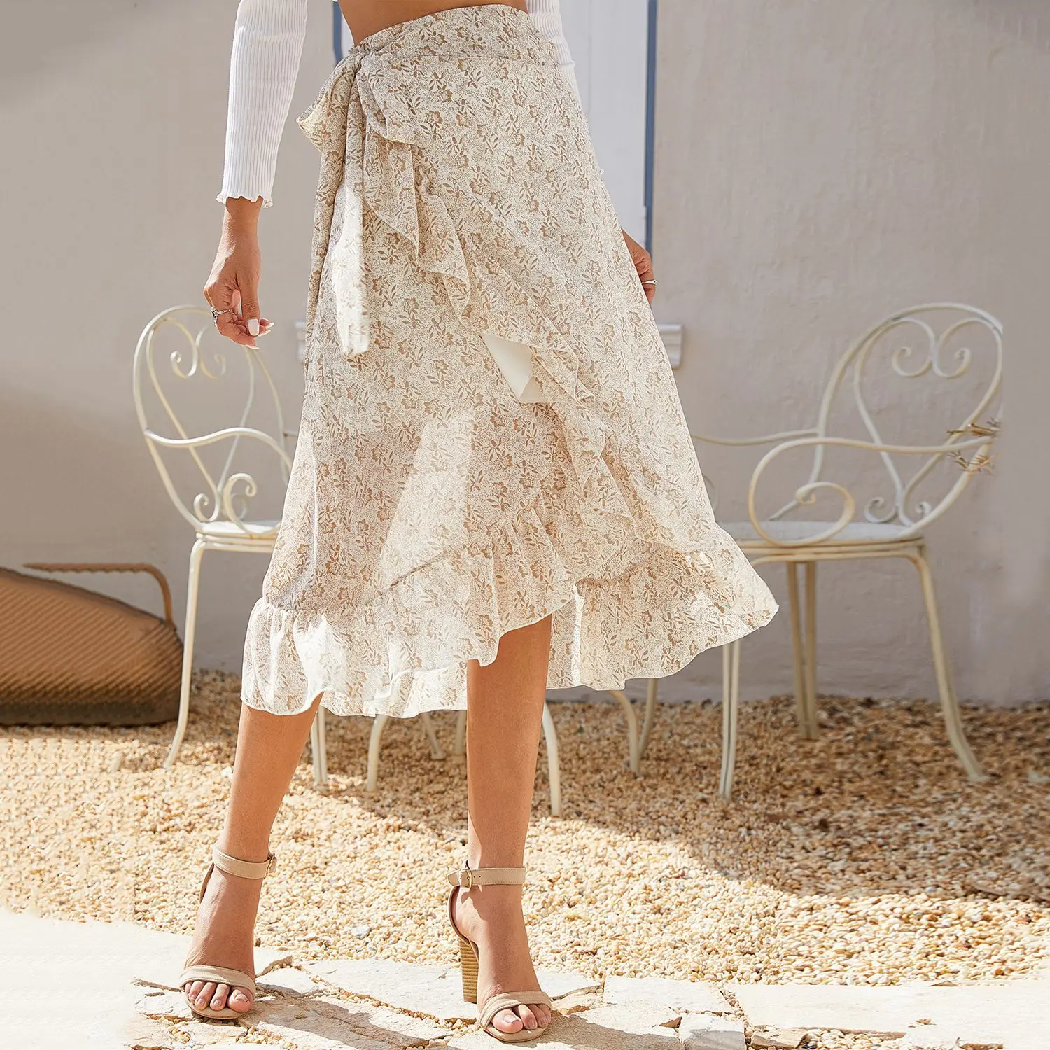 

2022 Summer 2 Strap Split Irregular Floral Chiffon Skirt