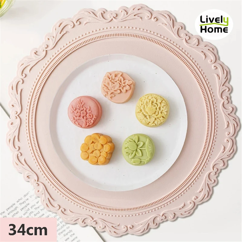 

Silicone Placemat Round Flower Tableware Breakfast Table Mat 34CM Oil Resistant Heat Insulation Embossed Coaster Vintage Mat