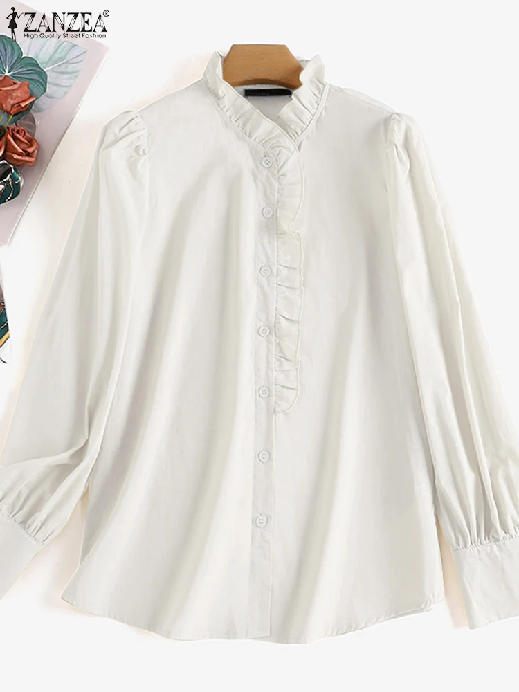 

Fashion Women Long Sleeve Tops Tees Ruffles Collar 2022 ZANZEA Solid Pleated Shirts Casual Autumn Solid Elegant Blusas Feminias