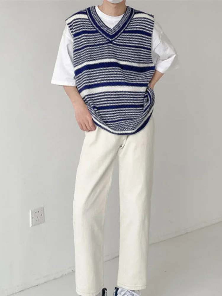 Полосатый вязаный свитер мужской жилет Мужская одежда синий без рукавов с