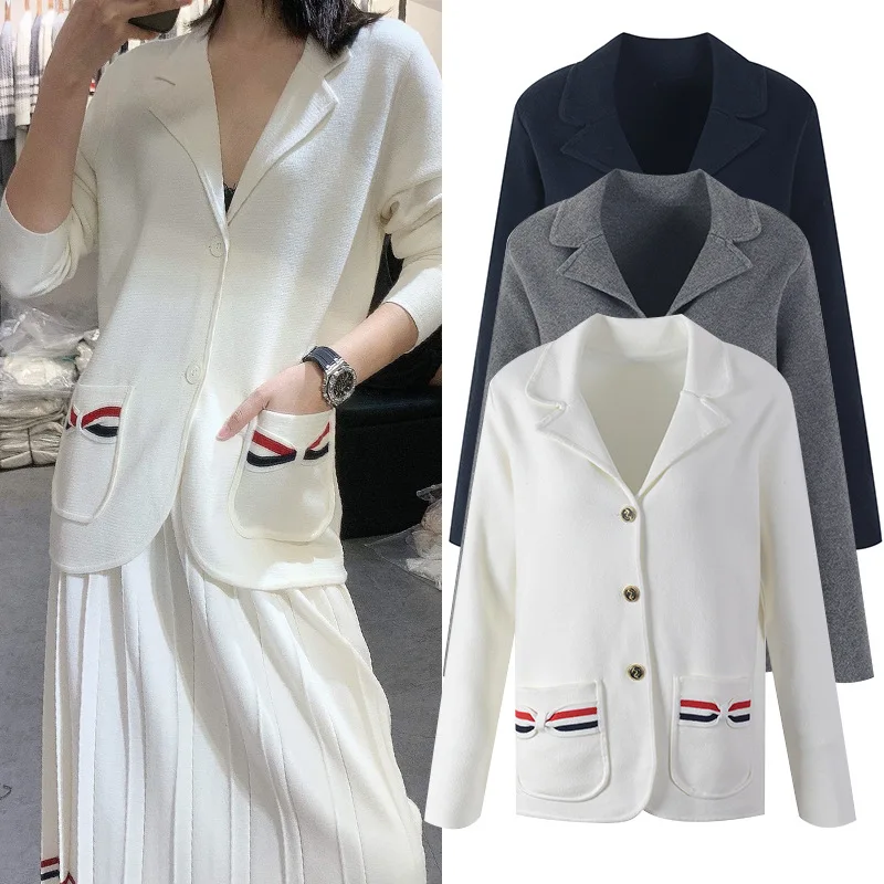 Autumn and winter new suit-collar knitted jacket women's loose trend top outer wear TB age-reducing style temperament