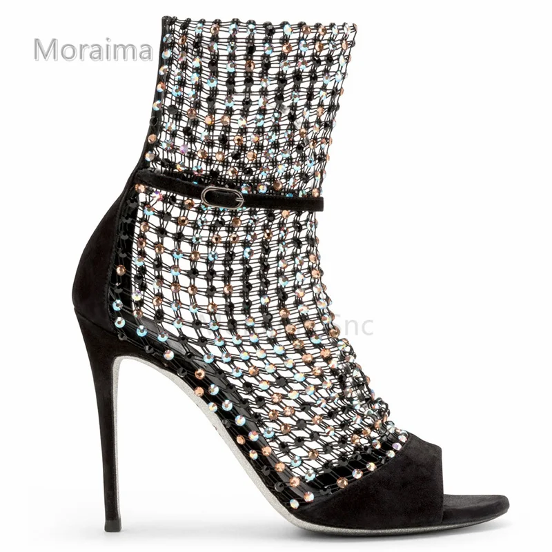 Peep Toe Mesh Sandals Boots Stiletto Women's Summer 2023 New Rhinestone Hollowed Out High Heels Ankle Boots Party Shoes Female
