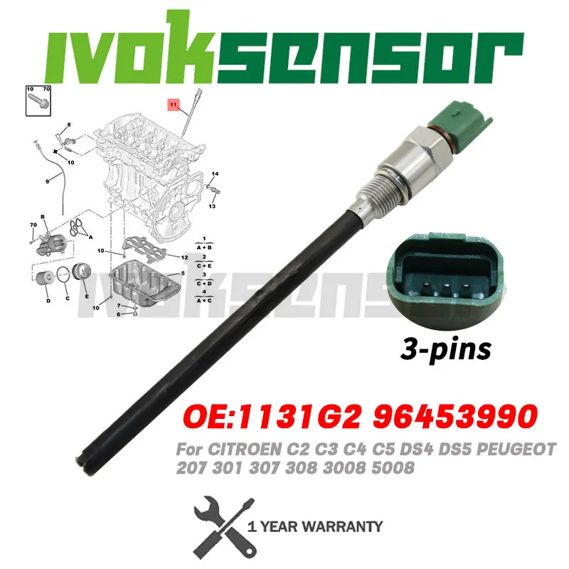 

1131G2 Оригинальный 3-контактный датчик уровня моторного масла для CITROEN C2 C3 C4 C5 DS4 DS5 PEUGEOT 207 301 307 308 3008 5008 96453990 965461