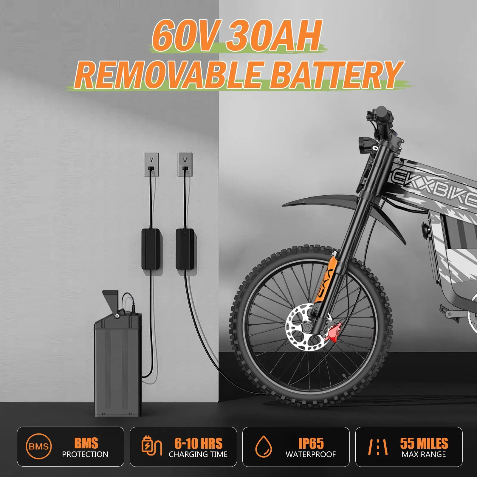 Фото Электрический внедорожный мотоцикл Readygo EKXBIKE TX1, 3000 Вт, литиевая батарея 60В30Ач, для взрослых, максимальная скорость 80 км/ч, пиковая мощность 6000 Вт №3