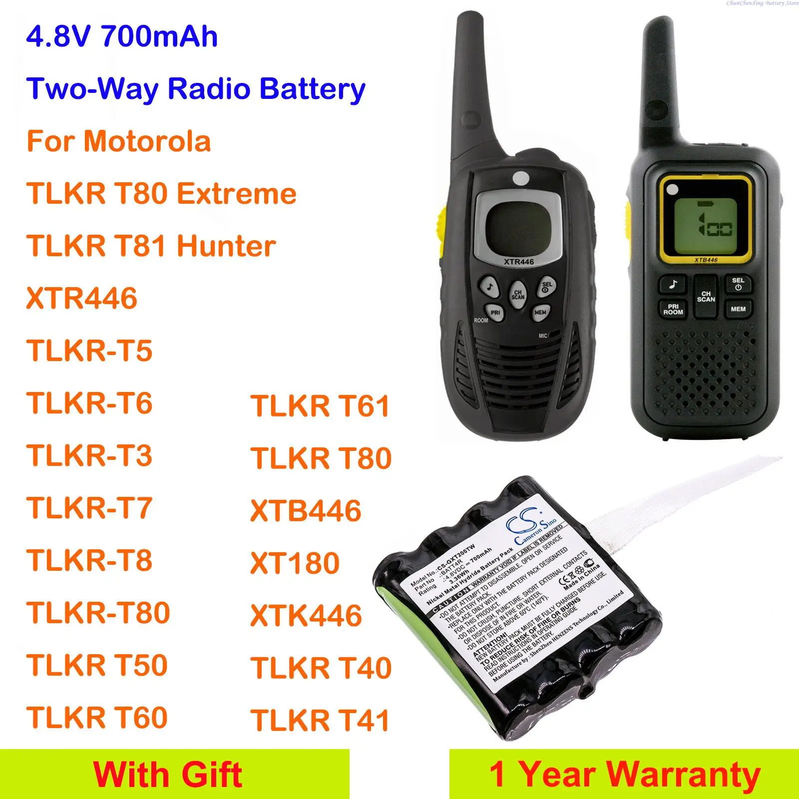 

CS 700mAh Battery for Motorola TLKR-T3,TLKR-T5,TLKR-T6,T7,T8,T80,XTR446, T40,T41,T50,T60,T61,T81,XT180,XTB446,XTK446