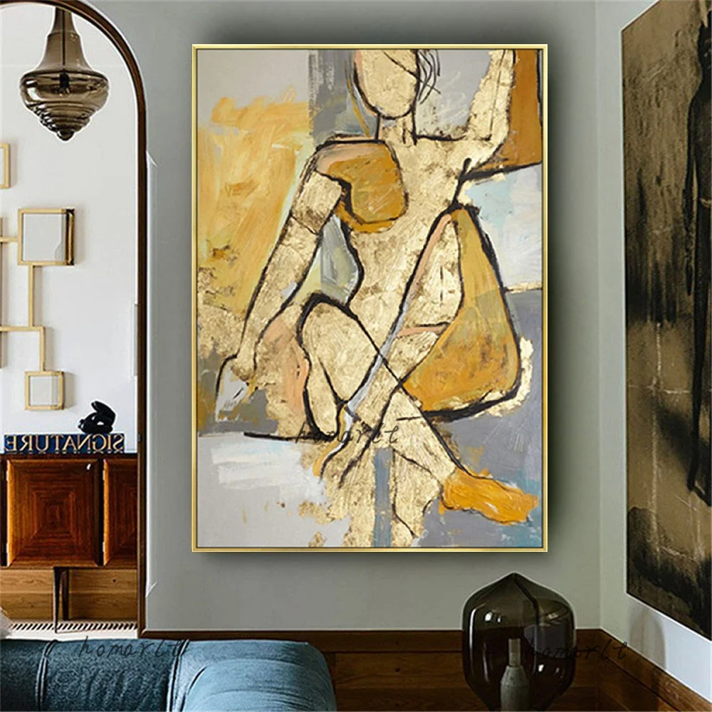 

Impressionist Oil Painting Hand Figure Paintings On Canvas Nordic Golden Yellow Paint Unique Wall Art Pictures Decor Living Room