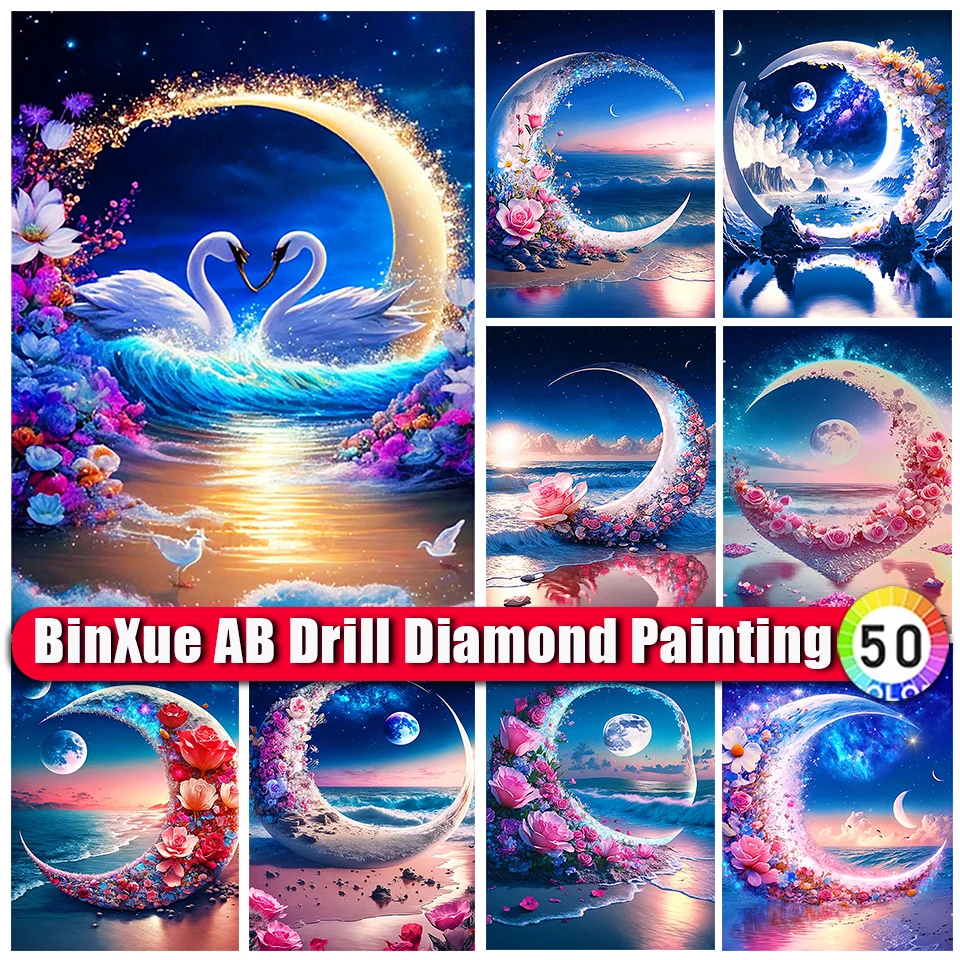 

BinXue 2023 New 5D DIY Scenery Seaside Moon AB Diamond Painting Kit Flowers Swan Handmade Cross Stitch Mosaic Home Decor Gifts