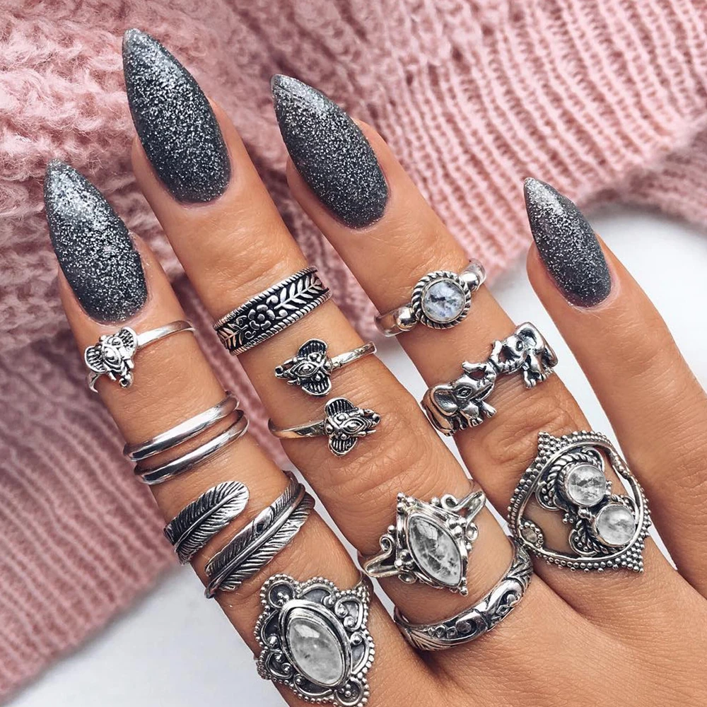 

Fashion Retro National Style Feathers Insects Ring Rhinestones Index Finger Joint Opening Adjustable 11-piece 2022