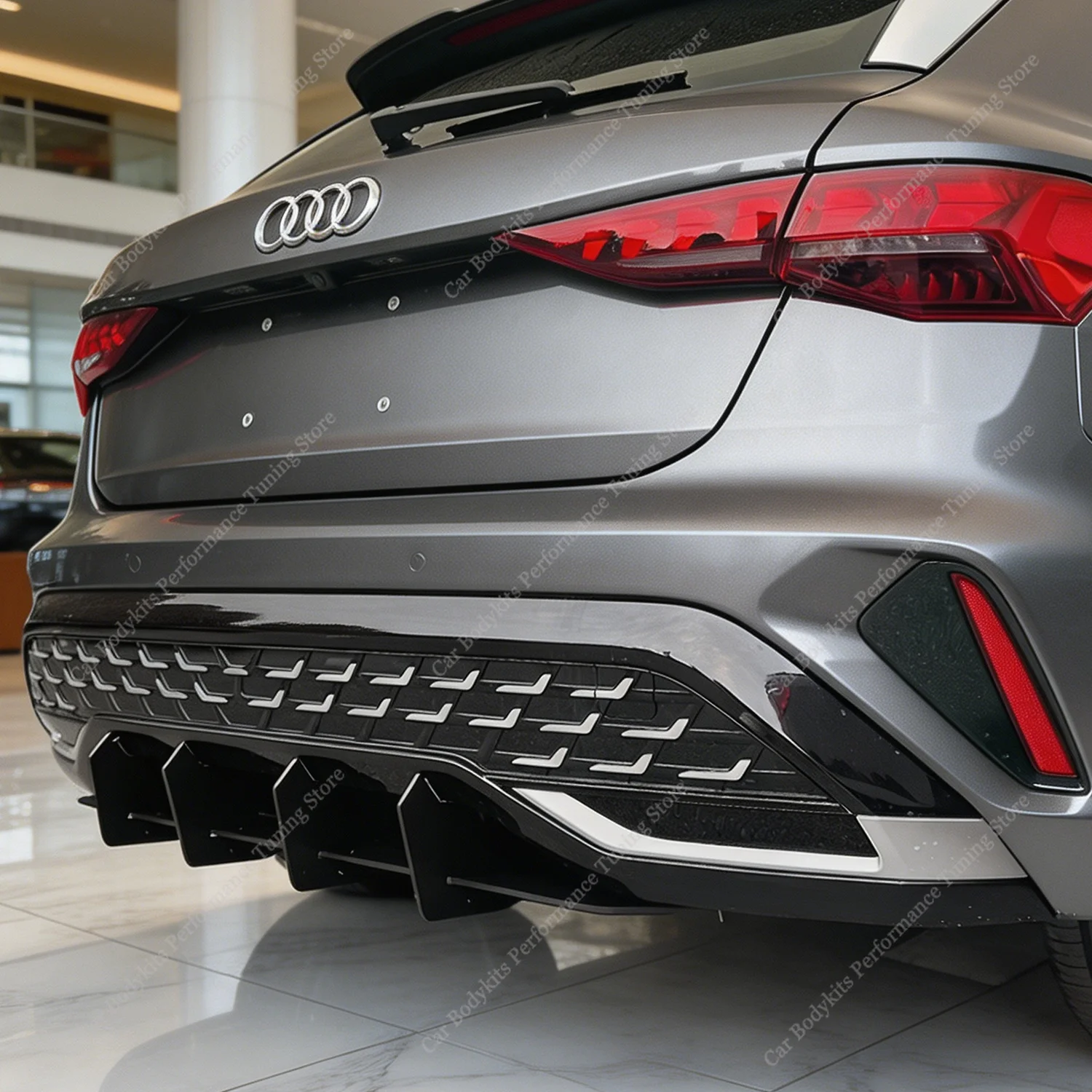 Фото Для Audi A3 8Y S-line Sportback 2024-2027 (фейслифт) — черные диффузоры заднего бампера с 4 ребрами, тюнинг-комплект для стайлинга кузова №1