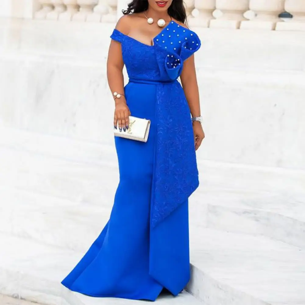 

Beaded Lace Decor Hip Wrap Fishtail Hem Evening Dress Women Off Shoulder Evening Party Bodycon Long Dress High-Waist Gown Dress