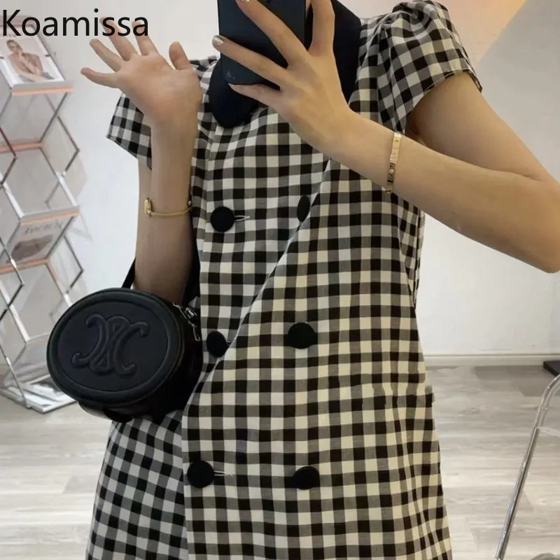 

Koamissa Retro Women Midi Dress Sweet Female Peter Pan Collar Double-breasted Loose Straight Dresses Korean Vestidos Ropa Mujer