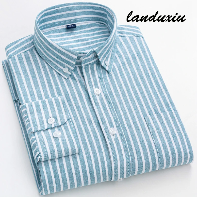 

100% Oxford Cotton Longsleeve Shirt for Men buttons Plaid Shirt Striped pocket Mens Shirts 8XL Large Sizes Streetwear landuxiu