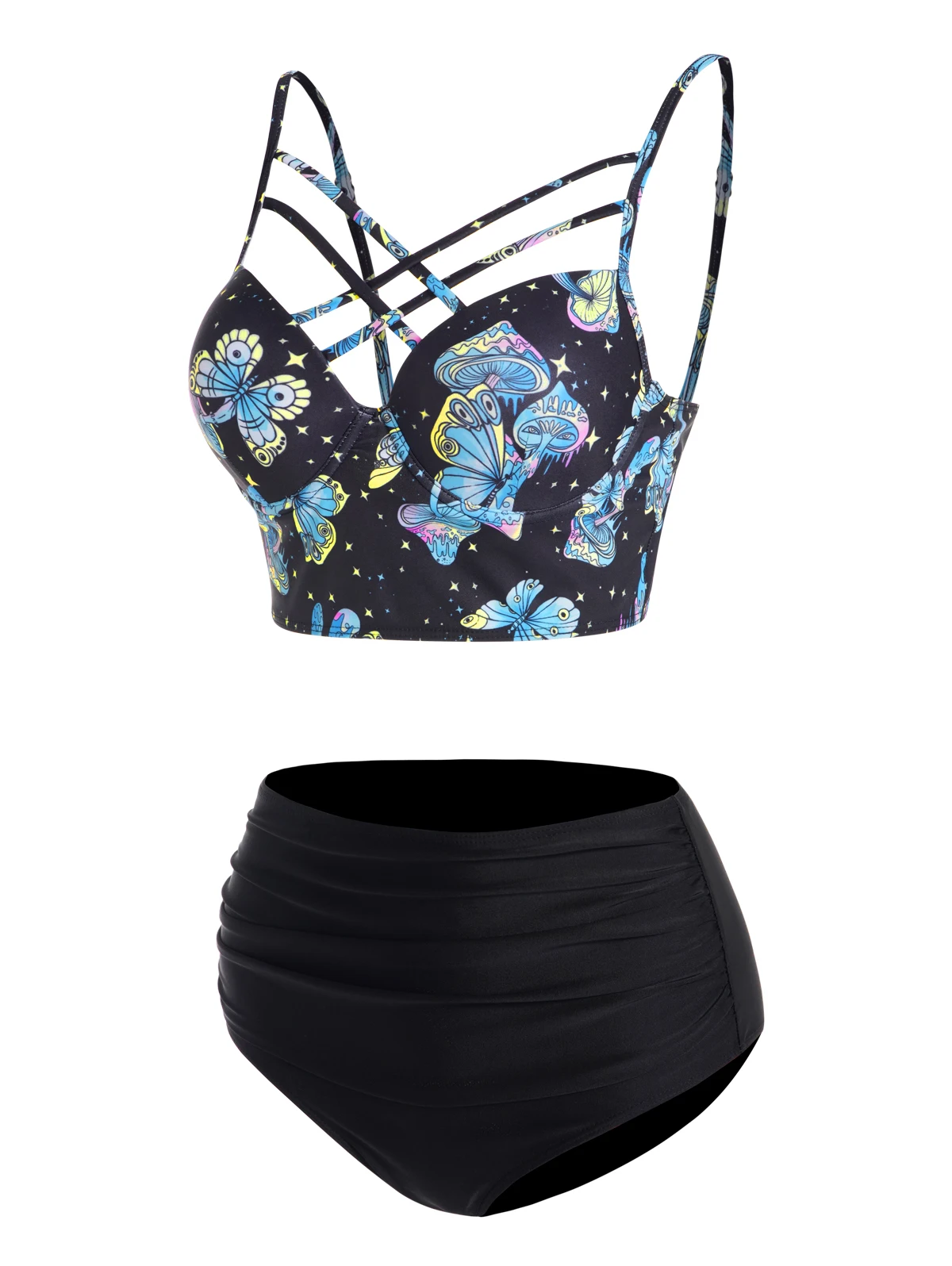 

Butterfly Mushroom Print Tankini Set Lattice Strap Tummy Control Swimwear Ruched Underwire Bathing Suit For Women Beachwear