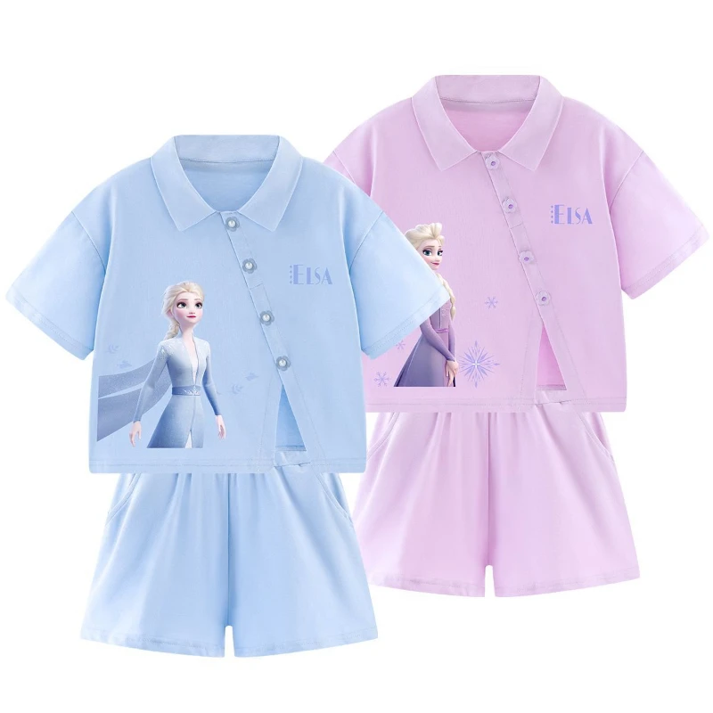 

Frozen cartoon Princess Elsa children's summer cute suit loose sports short-sleeved Polo collar personality two-piece suit