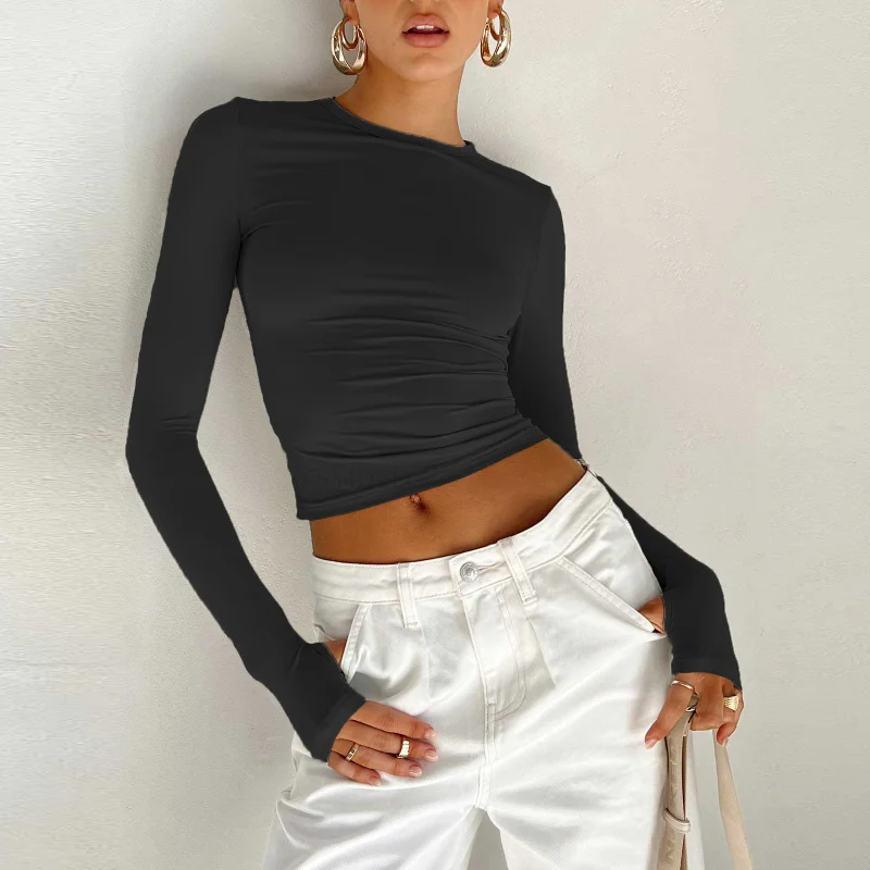 

Модная женская футболка с длинным рукавом и круглым вырезом, однотонный облегающий женский кроп-топ с вырезами для больших пальцев, Повседневная Уличная одежда, летняя футболка