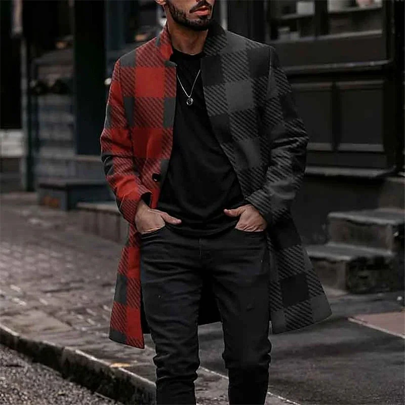 

Plaid Business Men's Coat Work Wear to work Going out Fall & Winter Stand Collar Long Sleeve Red M L XL Polyester Jacket