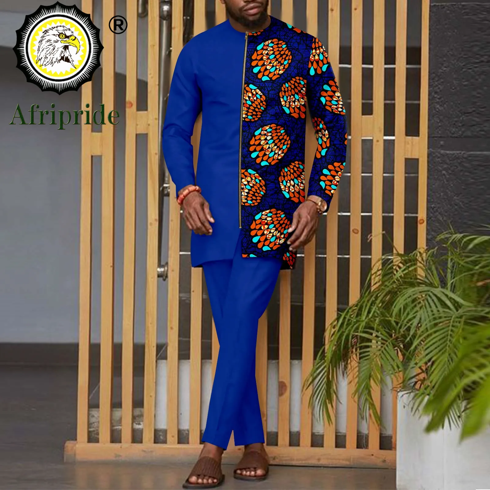 Bazin Riche African Traditional Clothing for Men Dashiki Print Zip Blazer with Trousers 2 Piece Set Dashiki Tracksuit A2216087