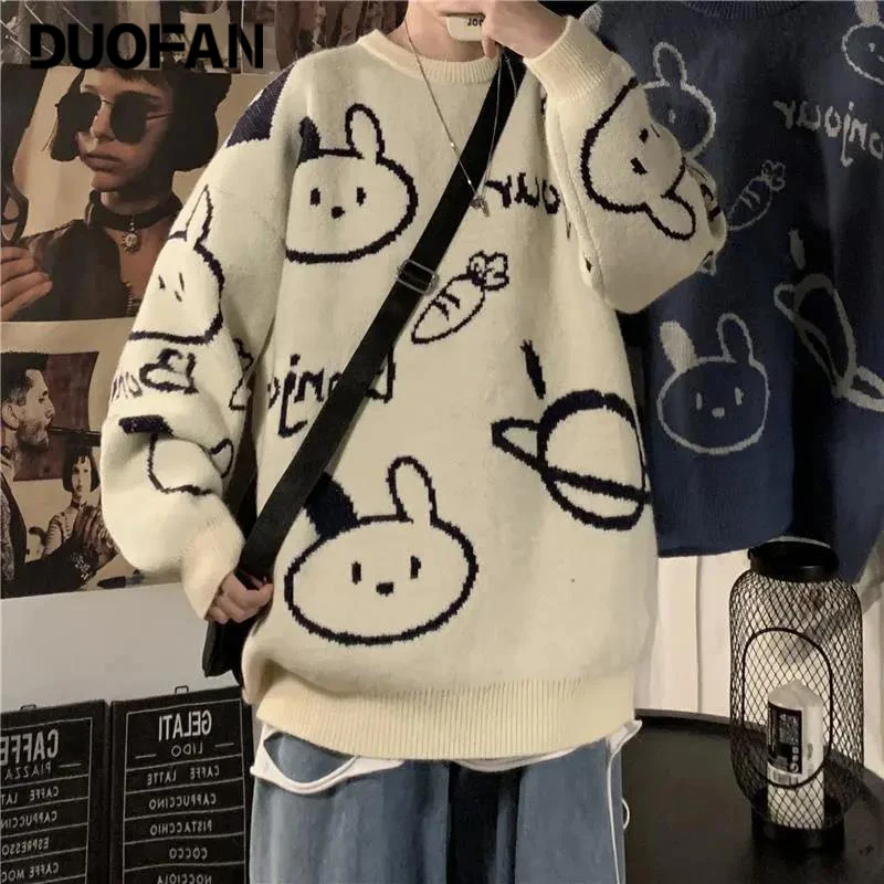 

DUOFAN мультфильм кролик Harajuku Kawaii Ретро осень зима пуловеры свитер вязаный теплый Свободный свитшот женские топы
