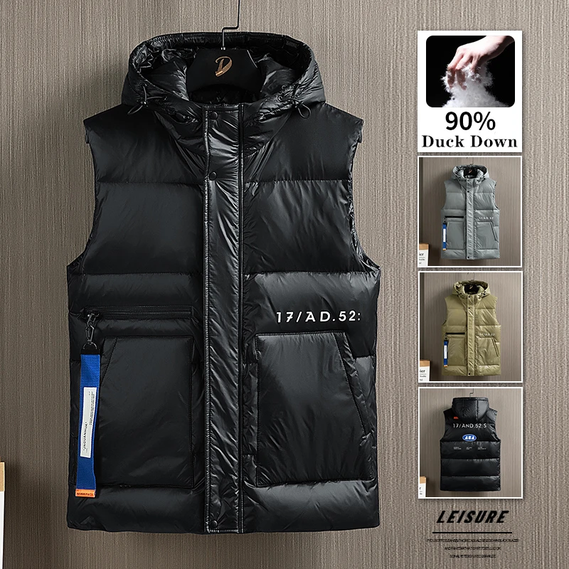 Winter Hooded Down Vests Men Solid 90% Duck Down Vests Zipper Fly Warm Sleeveless Waistcoat Homme Casual Parkas Men Clothing