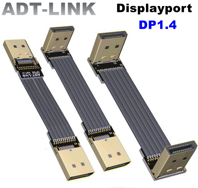 

2023 New ADT Displayport DP1.4 Ribbon Extension Cable Metal Shielded DP To DP-V1.4 Flat Flexible Adapter For Video Card Extender