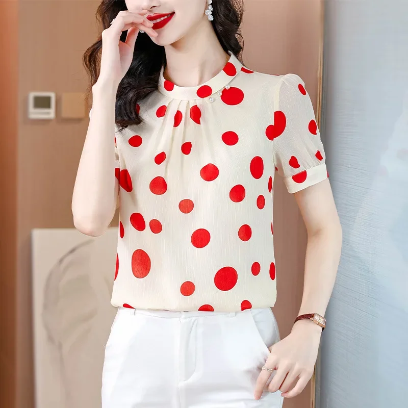 Модная шифоновая блузка в горошек с коротким рукавом женская летняя Новинка 2024