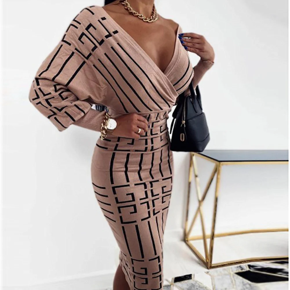 

Fashion Spring Autumn Women's Dress Sexy Elegant V-neck Long Sleeve Casual High Waist Thin Pencil Tight Hip Dresses Female
