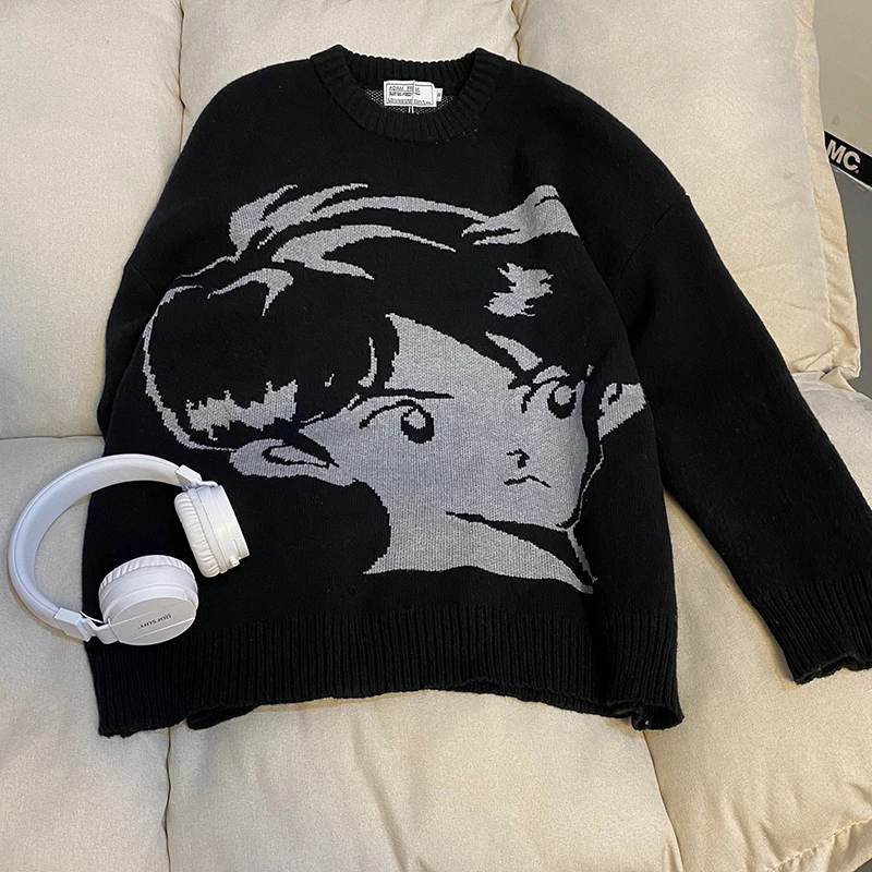 2021 New Harajuku Print Retro Street Style Sweater Autumn and Winter Loose Thick Warm Hip-hop Pullover Men's and Women's Tops