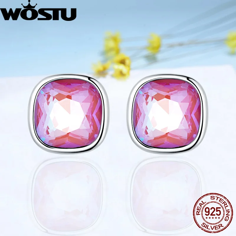 

WOSTU 925 Sterling Silver Wedding Rainbow Stud Earrings For Women Lovely Pink Fluorescent Color Ear Buckles Girl Jewelry Gift