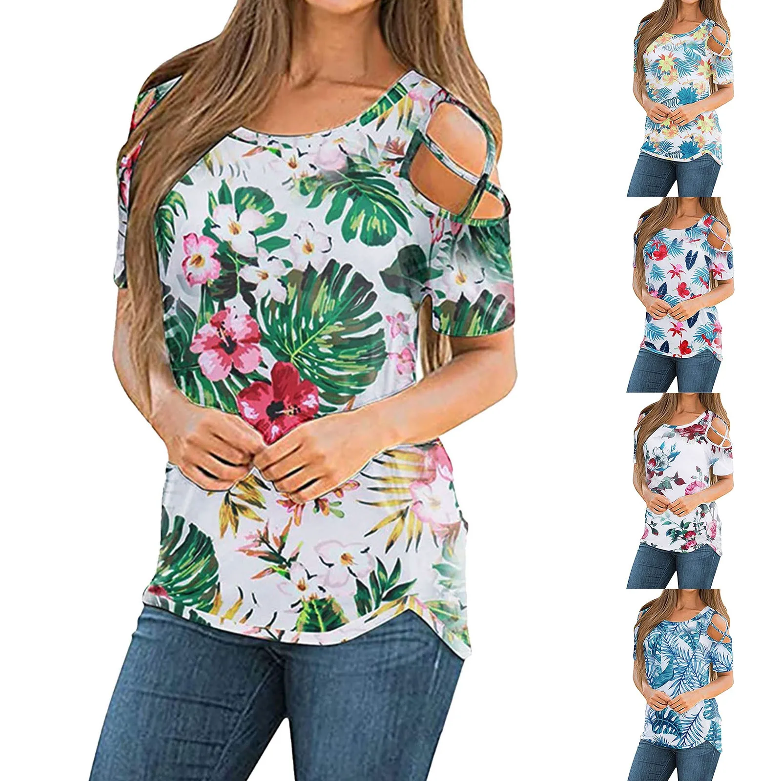 

Топ женский с открытыми плечами и цветочным принтом, пикантная Свободная блузка с коротким рукавом с вырезами, Повседневная Туника с круглы...