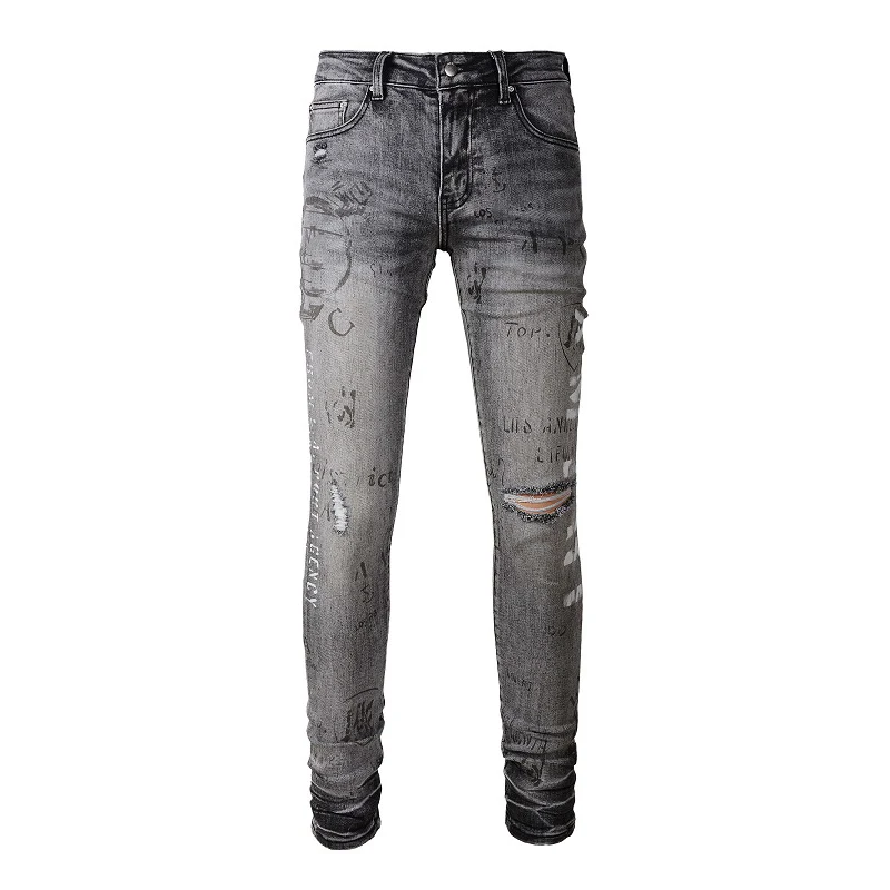 

AM Men's Ash Gray Distressed Streetwear Fashion Style Slim Daged Hole Skinny Stretch Laser Print Letters Graffti Ripped Jeans