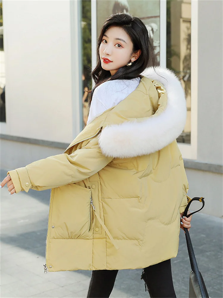 

Желтое хлопковое пальто для женщин, Белые парки с меховым воротником и капюшоном, новинка зимы 2022, модная свободная черная Толстая теплая од...