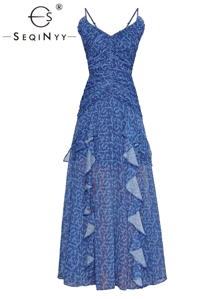 

Женское платье в стиле High Street SEQINYY, синее платье с рисунком, оборками, без бретелек, лето-весна